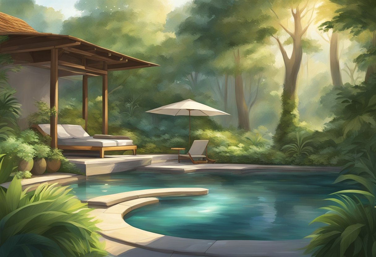 A serene, open-air spa with lush greenery and calming water features. A gentle breeze rustles the leaves as the sun casts a warm glow over the tranquil setting