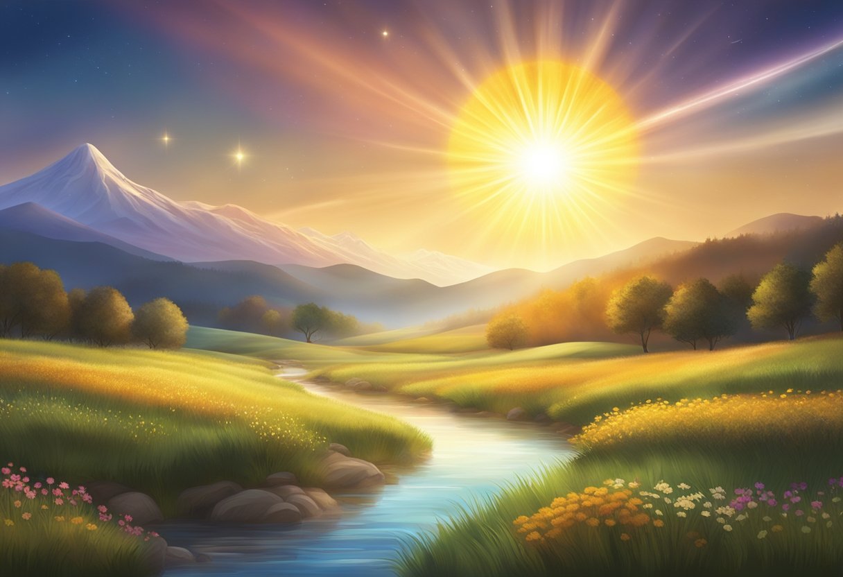 A radiant sun shining down on a tranquil landscape, with colorful celestial bodies and energy flowing through the air