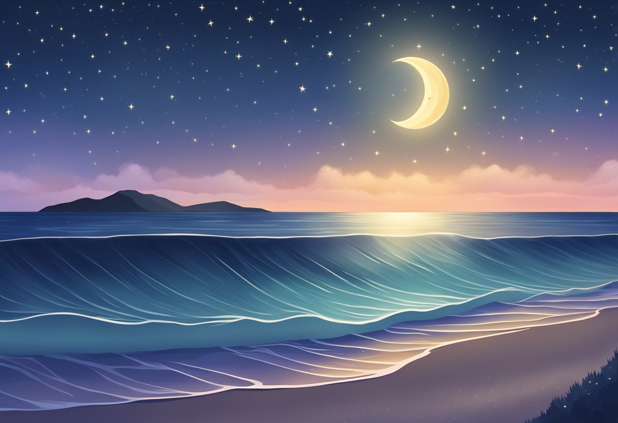 A serene night sky with twinkling stars and a crescent moon, overlooking a calm and peaceful ocean with gentle waves