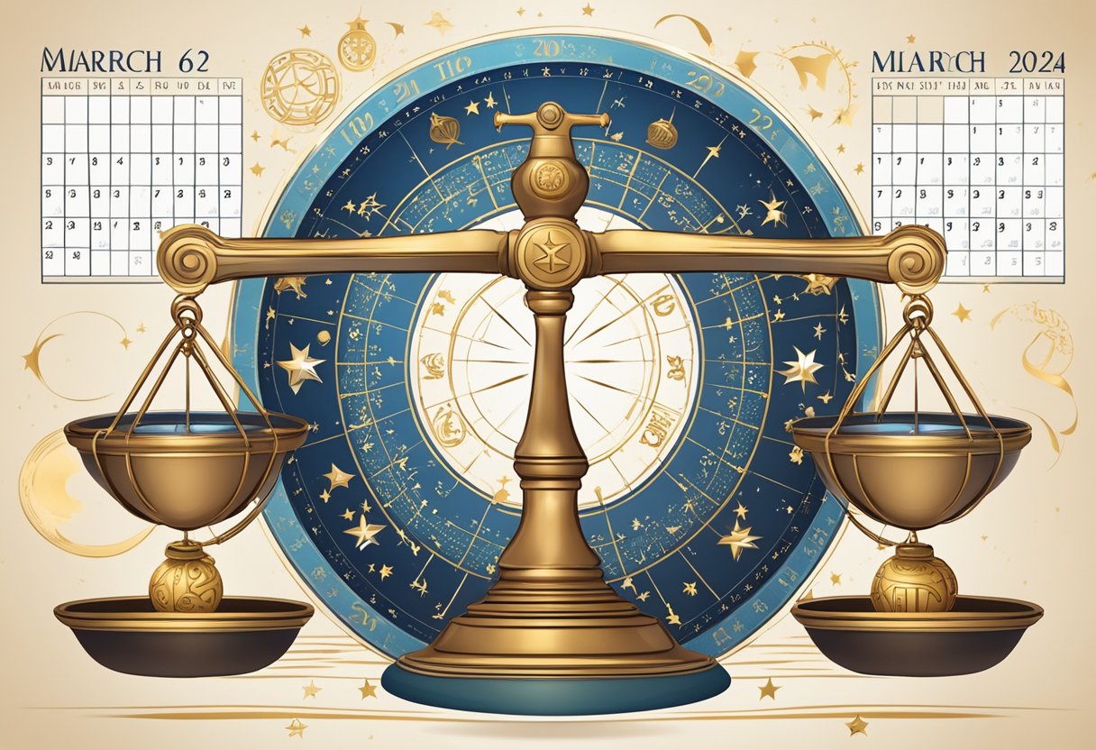 A balanced scale with zodiac symbols on each side, surrounded by celestial elements and a calendar showing March 6, 2024