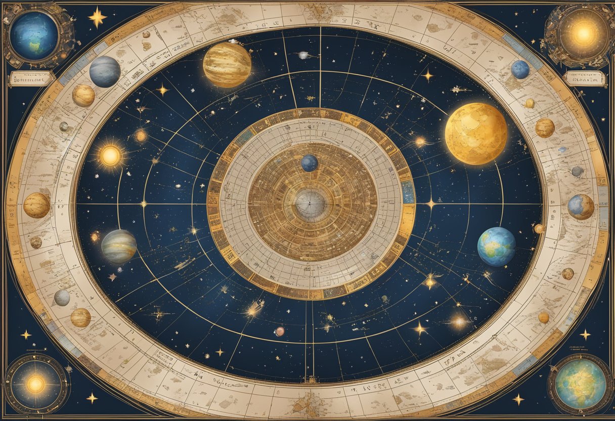 A celestial map with zodiac symbols and dates, surrounded by star constellations and planetary alignments