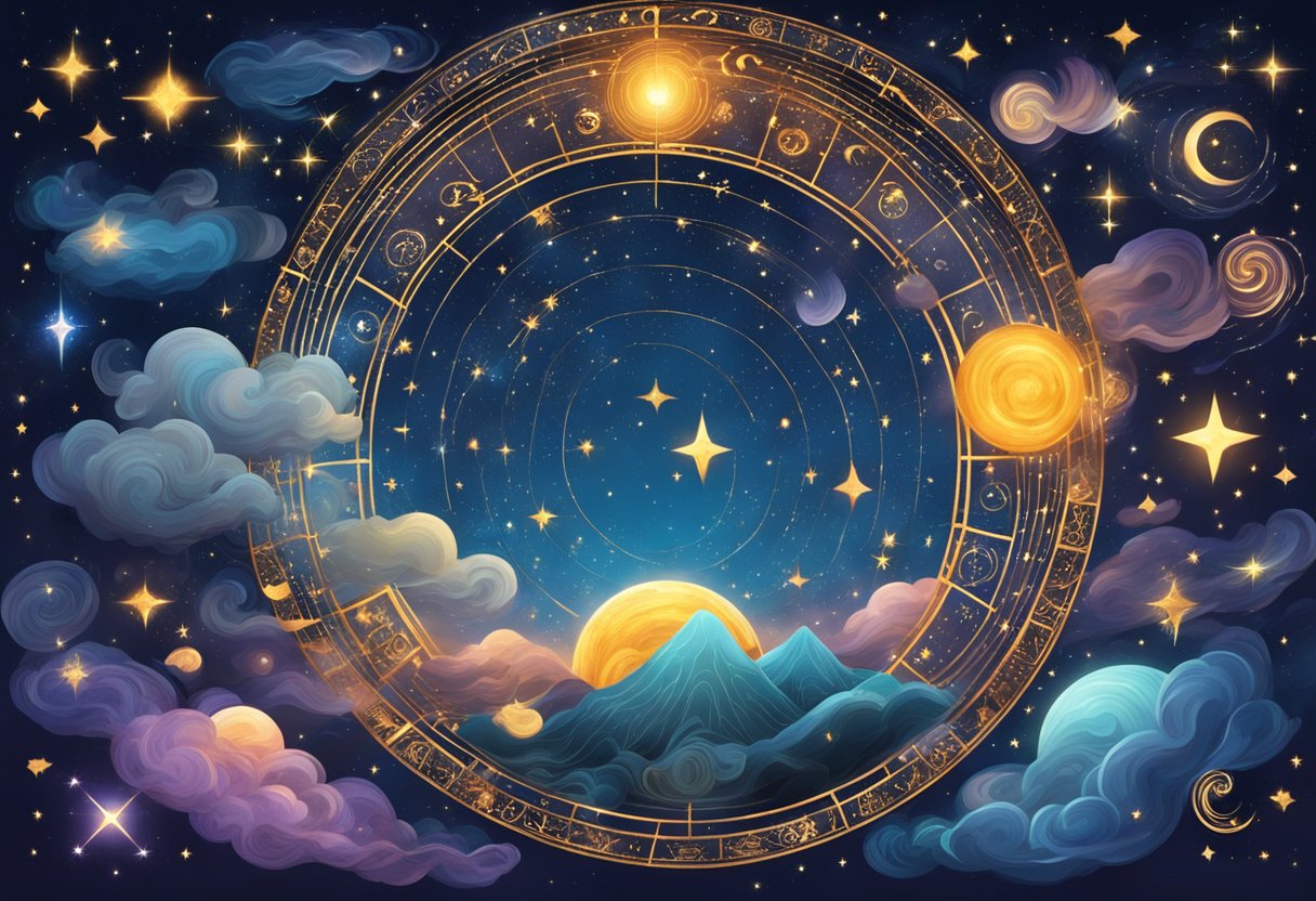 A starry night sky with zodiac symbols shining brightly, surrounded by swirling cosmic energy and celestial bodies