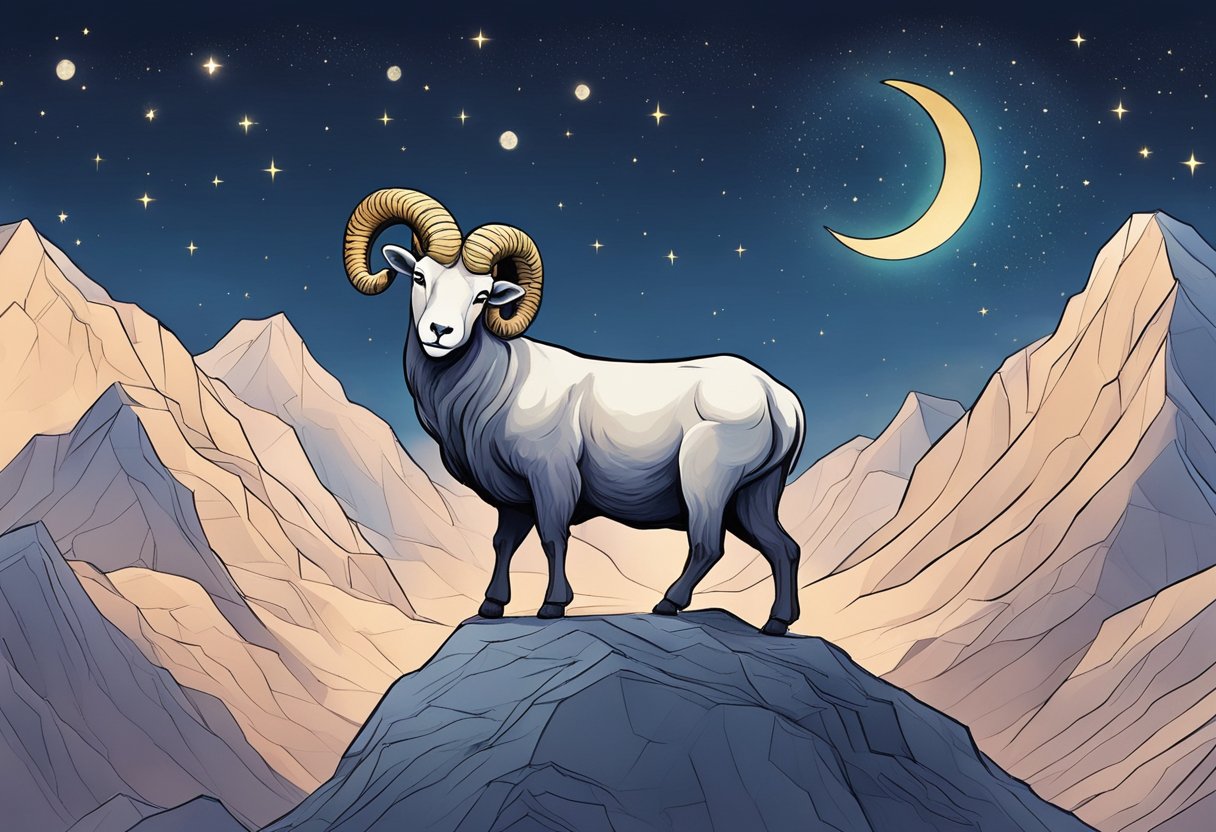Aries horoscope: A ram stands confidently atop a mountain, gazing at the stars. The sky is clear, with a crescent moon and twinkling constellations