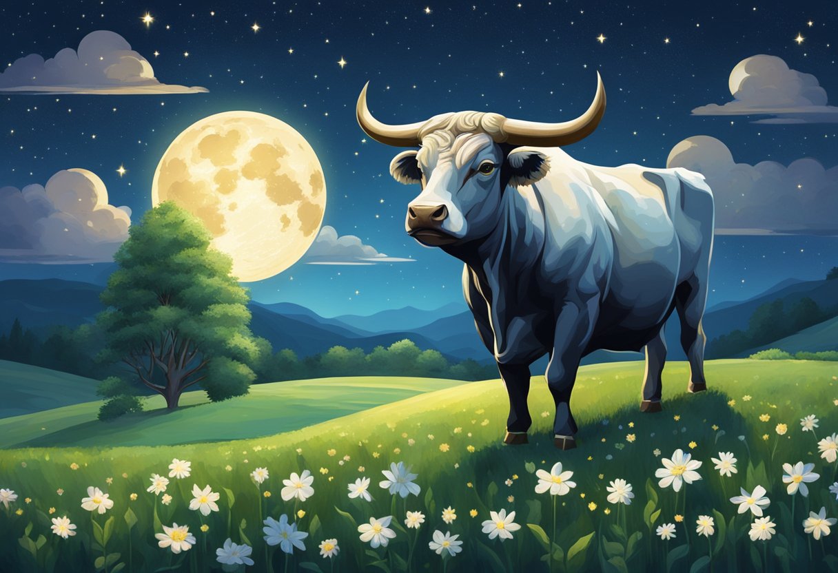 A serene bull stands under a starry night sky, surrounded by lush green fields and blooming flowers, as the moon shines brightly overhead