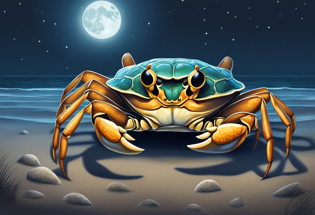 A crab crawling out of its shell under the light of a full moon