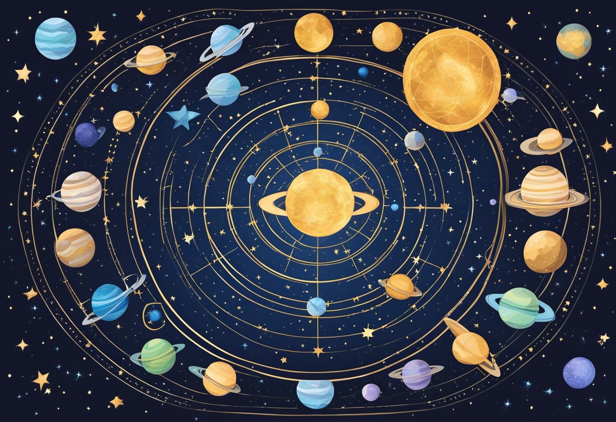 A starry night sky with the zodiac signs arranged in a circle, surrounded by celestial elements like planets and constellations