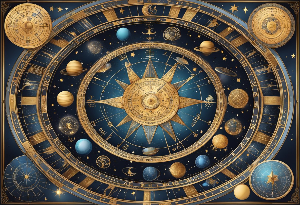 A circular zodiac wheel with astrological symbols and dates, surrounded by celestial elements like stars, moons, and planets