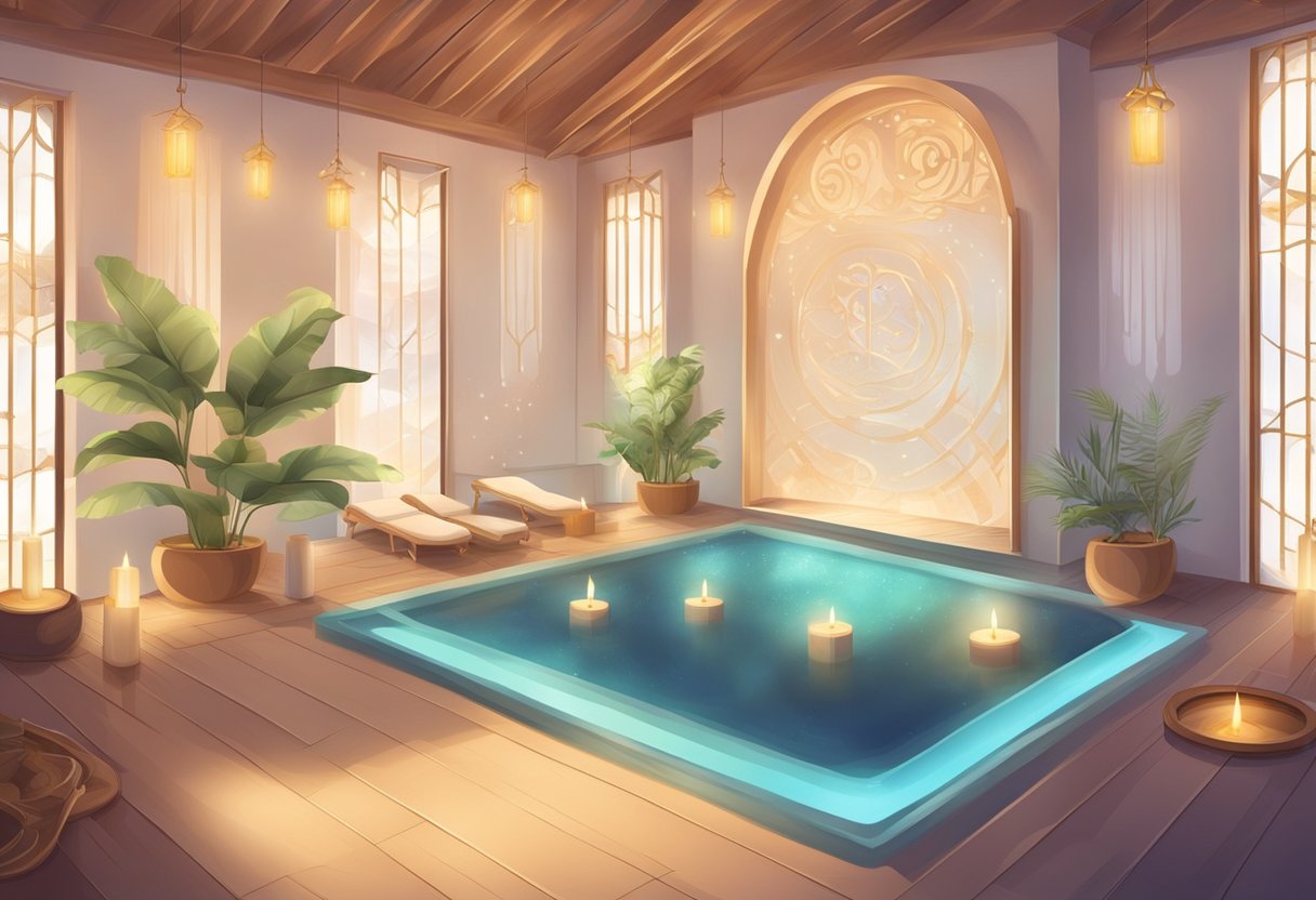 A tranquil spa with massage tables, aromatherapy candles, and soothing music. Zodiac symbols decorate the walls, creating a serene and mystical atmosphere
