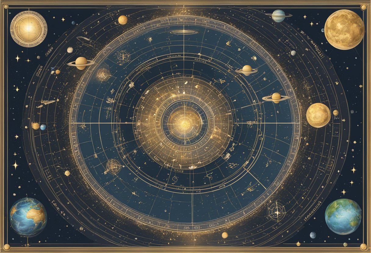 The scene shows a celestial map with zodiac symbols and planetary alignments, surrounded by cosmic elements like stars and galaxies