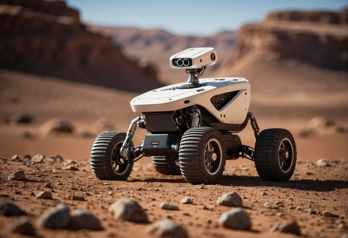 Robotic rover explores rocky Martian terrain, while satellite orbits above, collecting data. AI algorithms guide both, advancing space exploration