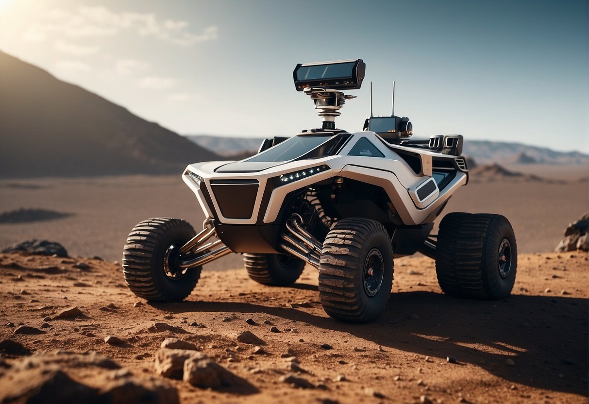 An AI-powered rover explores the rugged terrain of a distant planet, while a satellite orbits overhead, collecting data and transmitting it back to Earth