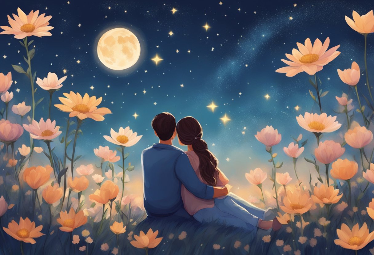 A couple embraces under a starry night sky, surrounded by blooming flowers and a gentle breeze