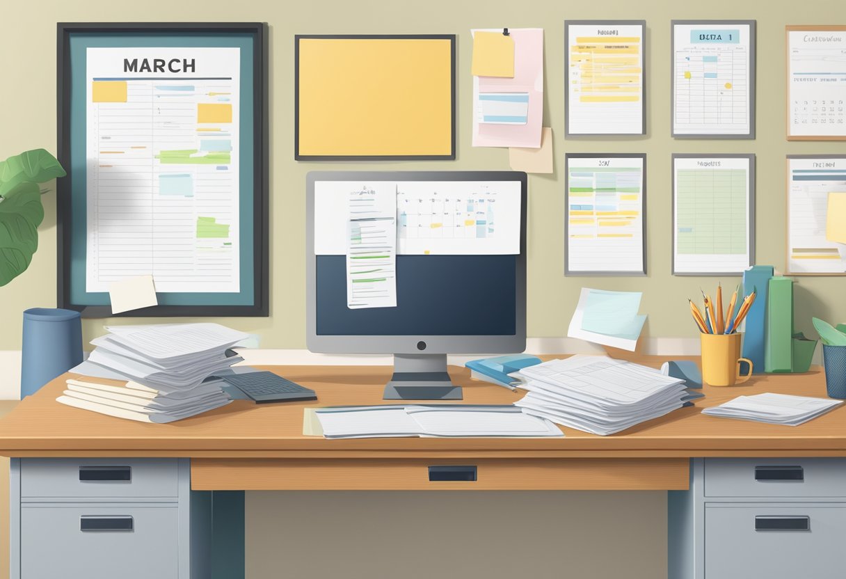 A desk cluttered with papers and a computer, a calendar showing March 9, 2024, and a framed diploma on the wall