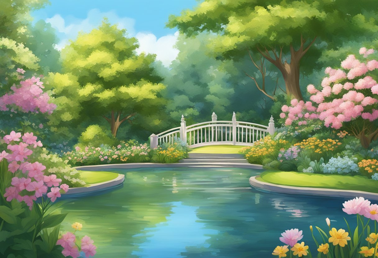 A serene garden with blooming flowers and a peaceful pond, surrounded by lush greenery under a clear blue sky