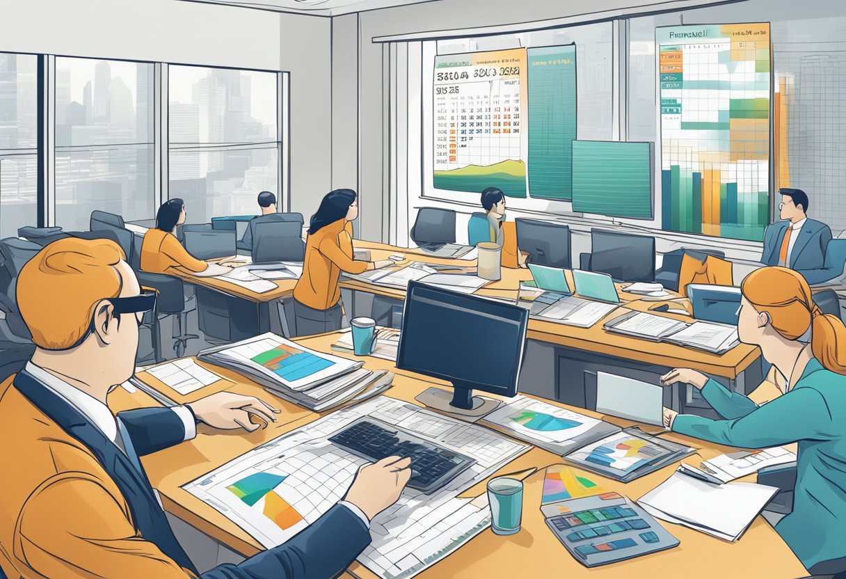 The scene depicts a financial and economic setting in March 9th, 2024, with charts, graphs, and a calendar displaying the date