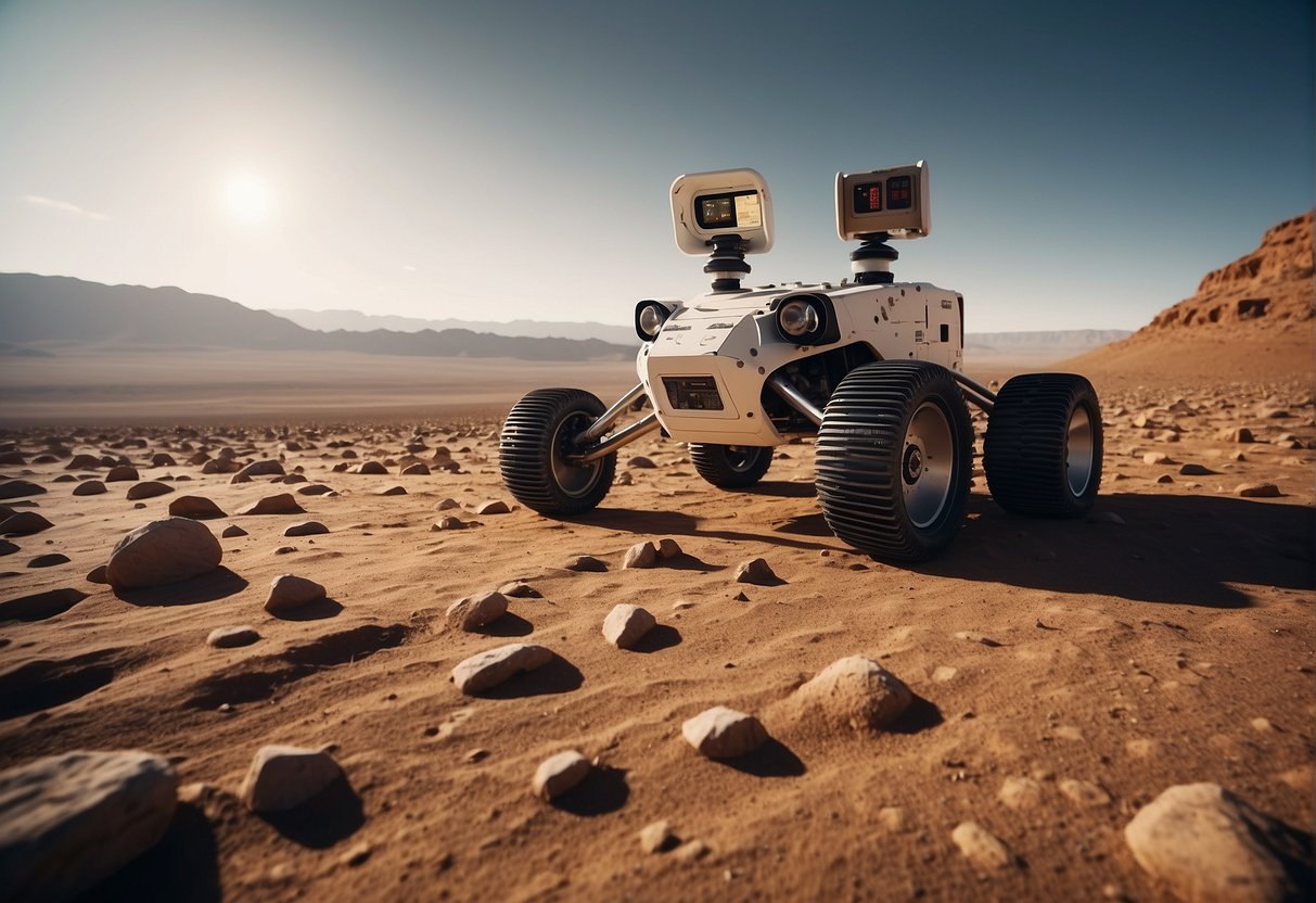 AI guides a rover across a barren Martian landscape, while a satellite orbits above, collecting data. The impact of AI in space exploration is evident in the seamless coordination of these advanced technologies