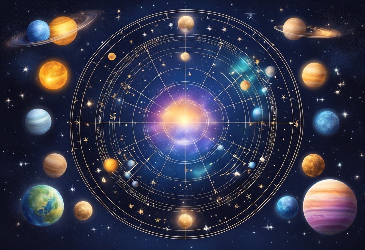 A vibrant celestial sky with zodiac symbols and planetary alignments, radiating powerful energy on March 10, 2024