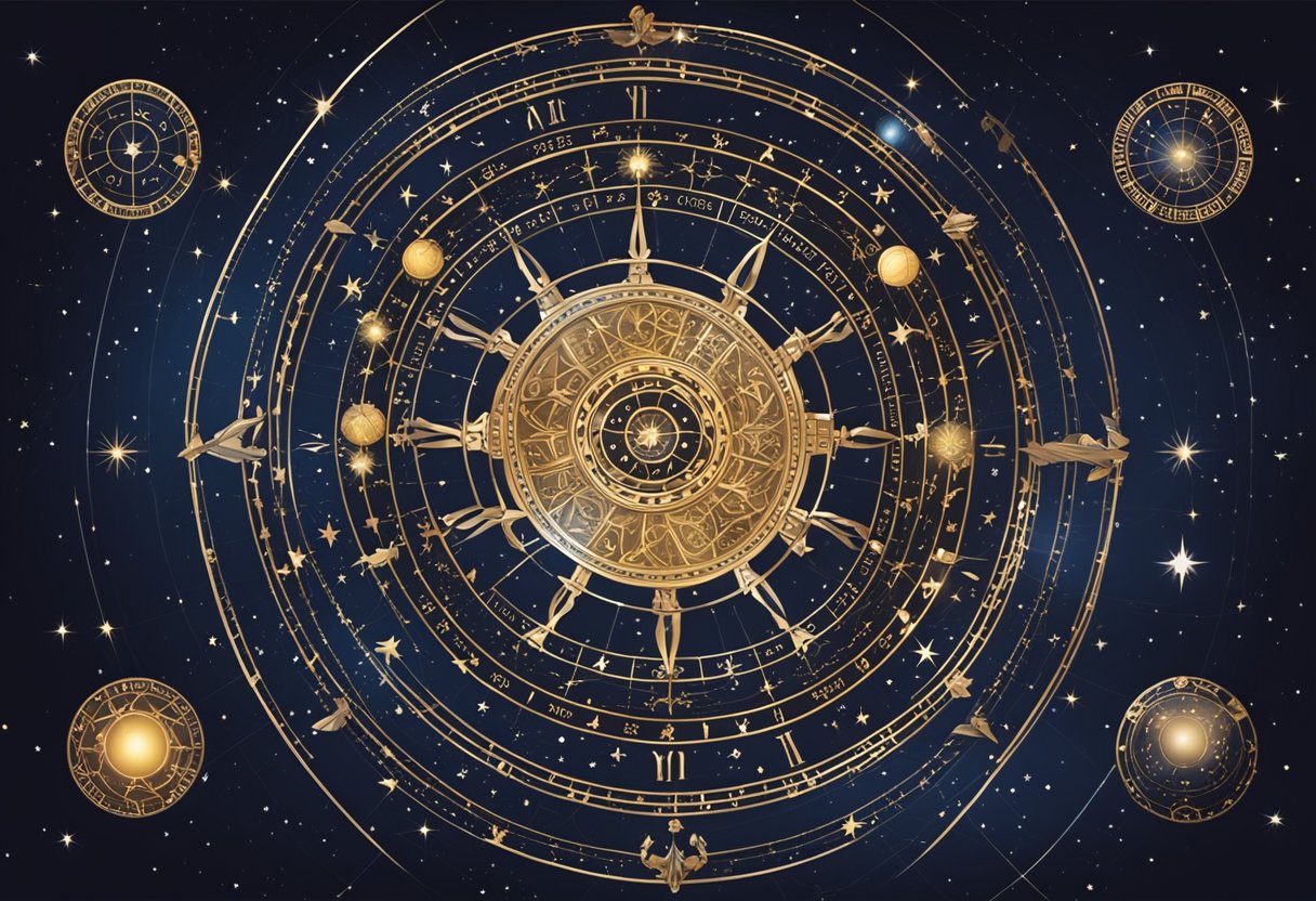 A celestial wheel with zodiac signs encircling a date: March 10, 2024. Astrological symbols and constellations fill the background