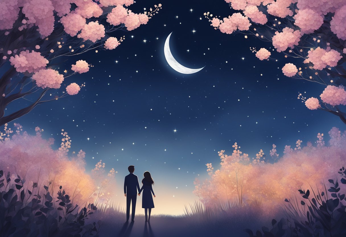 A couple holding hands under a starry night sky, surrounded by blooming flowers and a gentle breeze