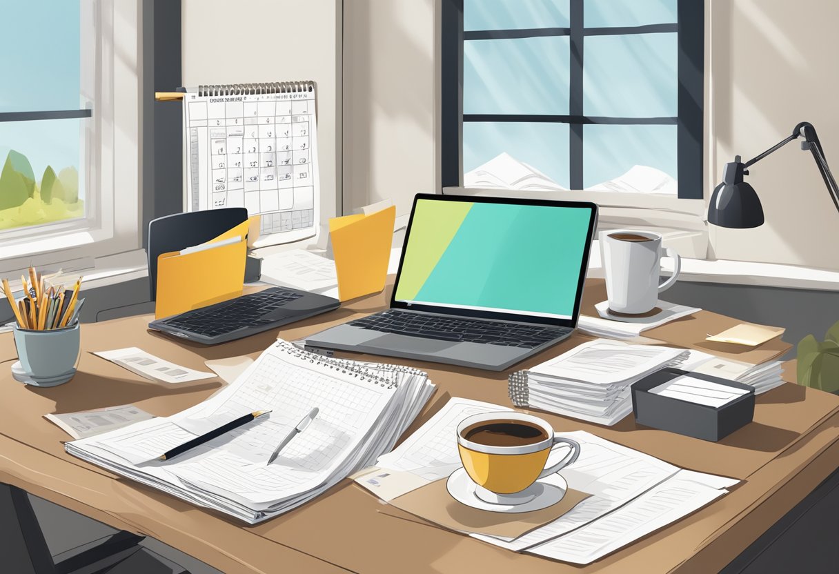 A desk cluttered with papers, a laptop, and a cup of coffee. A calendar on the wall showing March 10, 2024. A window with sunlight streaming in