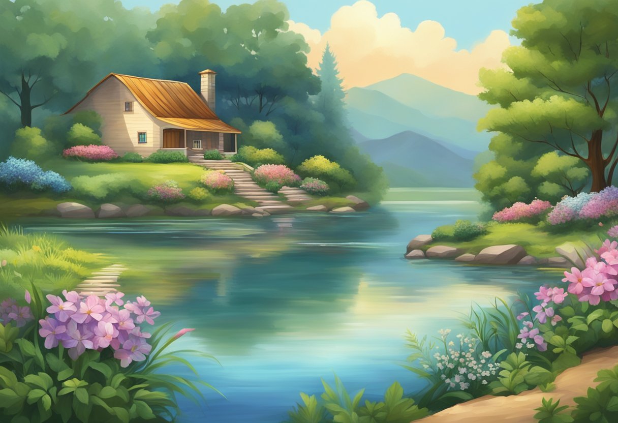 A serene and peaceful setting with elements of nature, such as plants, flowers, and soothing colors. A sense of balance and harmony should be conveyed through the composition