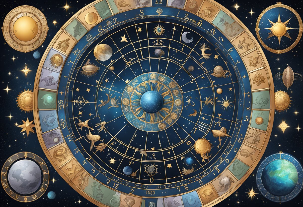A zodiac wheel with astrological symbols for each sign, surrounded by celestial elements like stars, moons, and planets