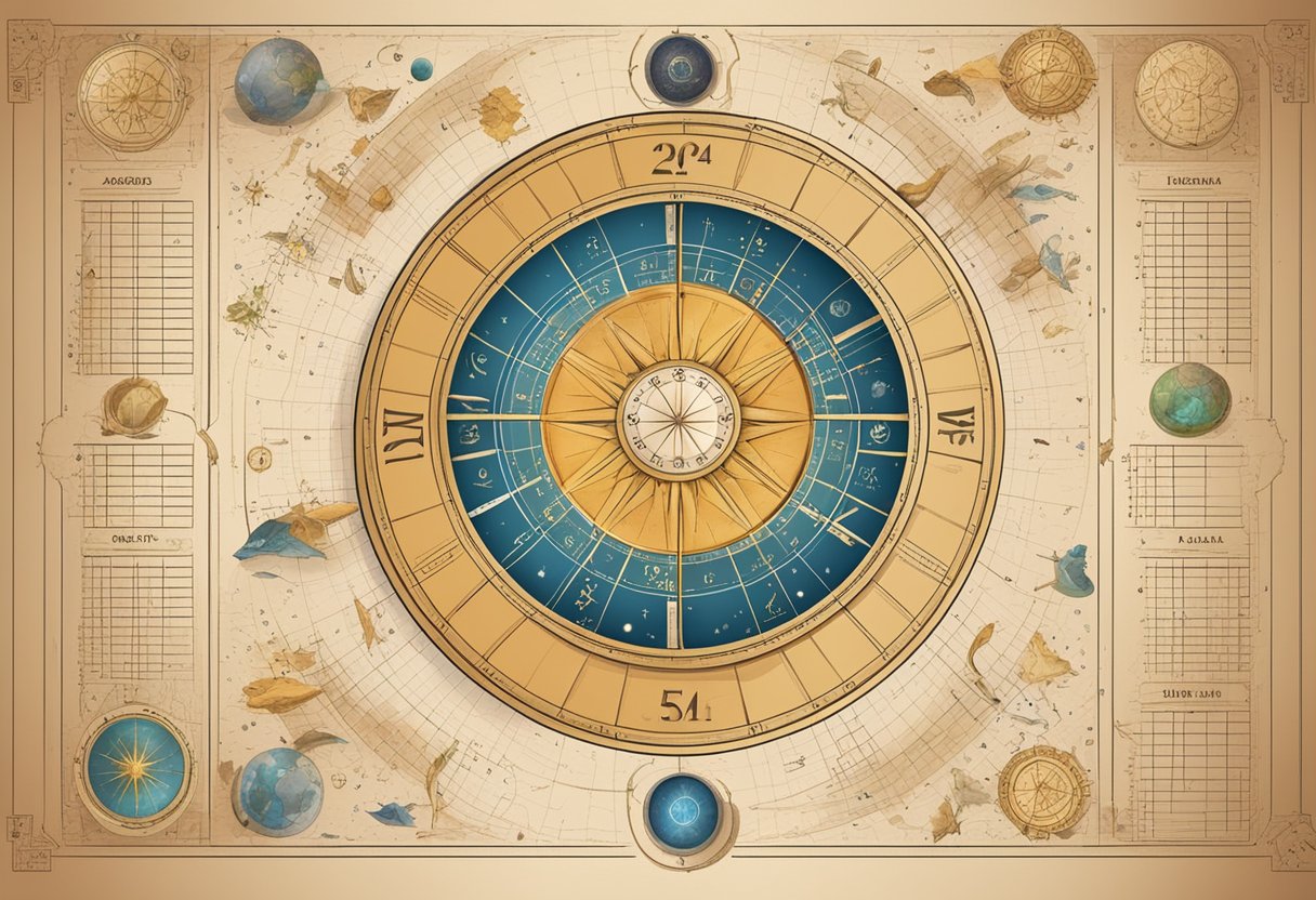 A table with a spread of astrological charts and a calendar displaying the year 2024. Zodiac symbols and celestial imagery decorate the pages