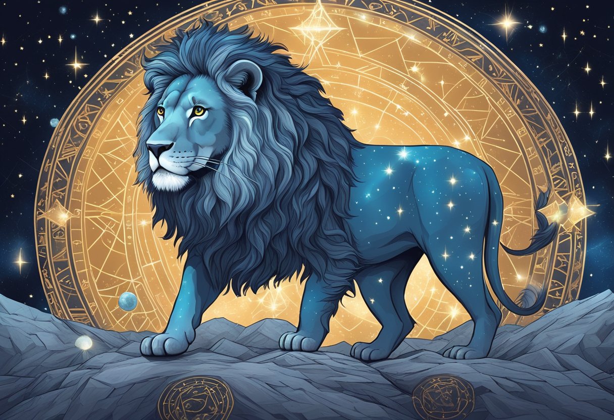 A lion standing majestically under a starry sky, surrounded by astrological symbols and a glowing horoscope for 2024