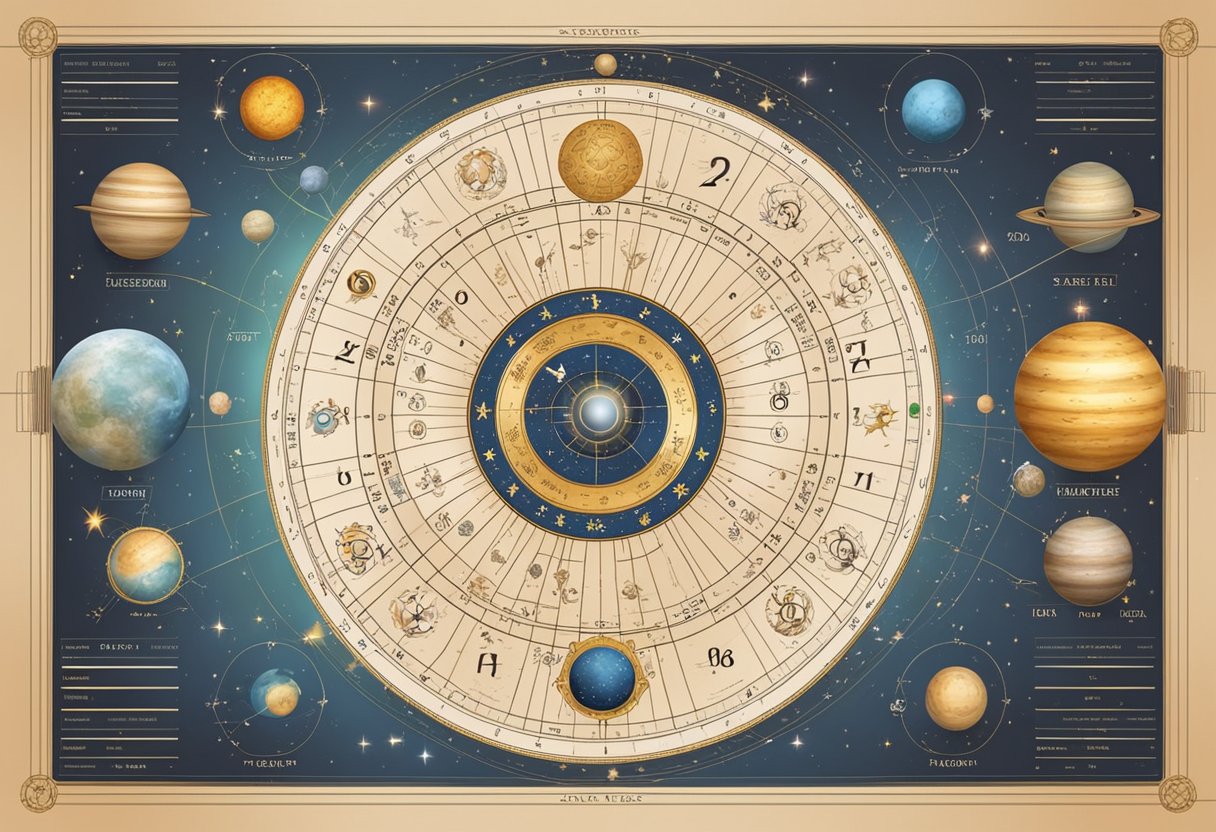 A celestial chart with zodiac signs and planetary alignments for 2024