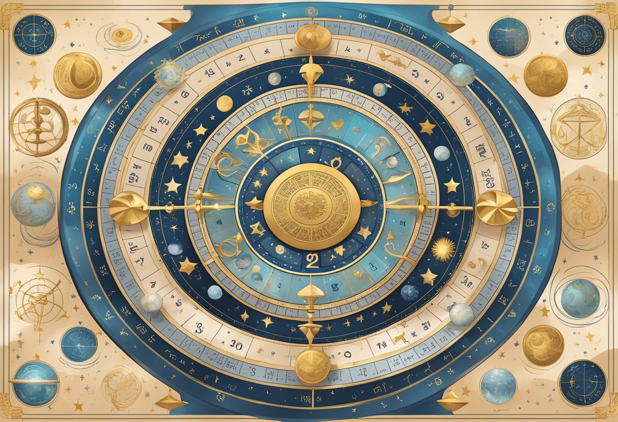 A scale surrounded by celestial symbols, representing the 2024 horoscope predictions for each zodiac sign