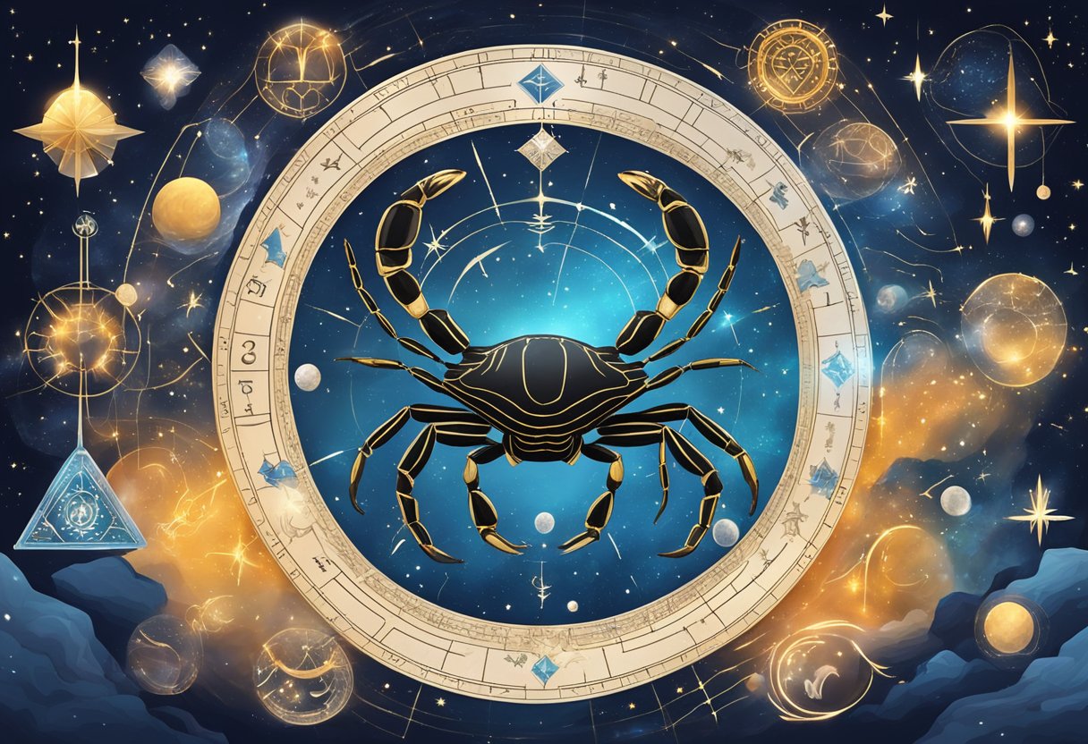 A scorpion poised under the stars, surrounded by astrological symbols and cosmic energy, representing the 2024 horoscope predictions for each zodiac sign