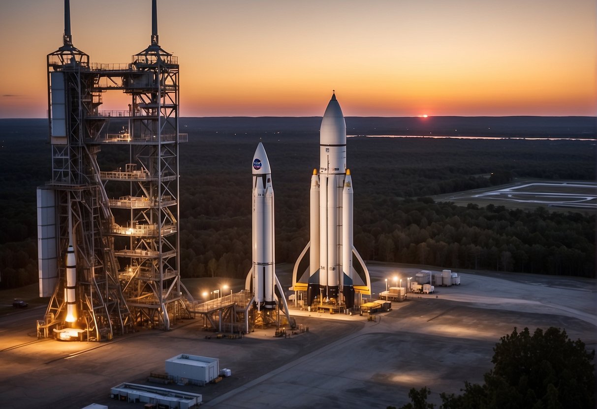 The Giants Behind the Giants - Giant rockets stand ready on the launch pad, with NASA's Artemis mission logo prominently displayed. The sun sets in the background, casting a warm glow over the towering structures