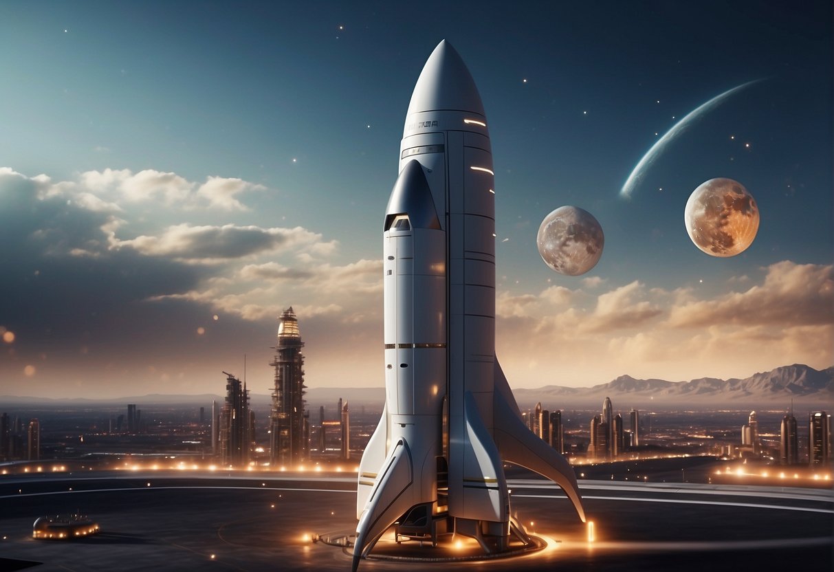 A rocket launches from a futuristic spaceport, with towering buildings and advanced technology in the background. The scene is filled with energy and excitement as the spacecraft embarks on a mission to the moon