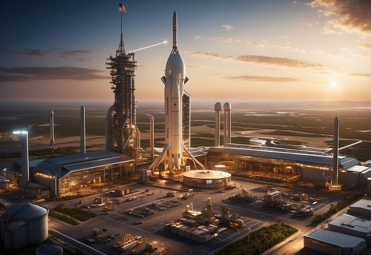 A bustling spaceport with towering rocket launchpads, cargo ships unloading supplies, and a network of high-tech infrastructure supporting NASA's Artemis missions