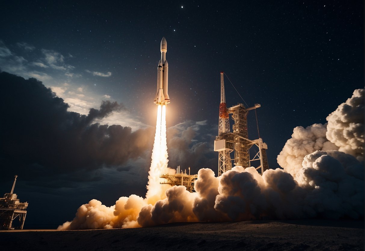 A rocket launches into space, surrounded by the vast darkness of the cosmos. The powerful engines propel the spacecraft towards the moon, symbolizing the immense challenges and triumphs of the companies powering NASA's Artemis missions