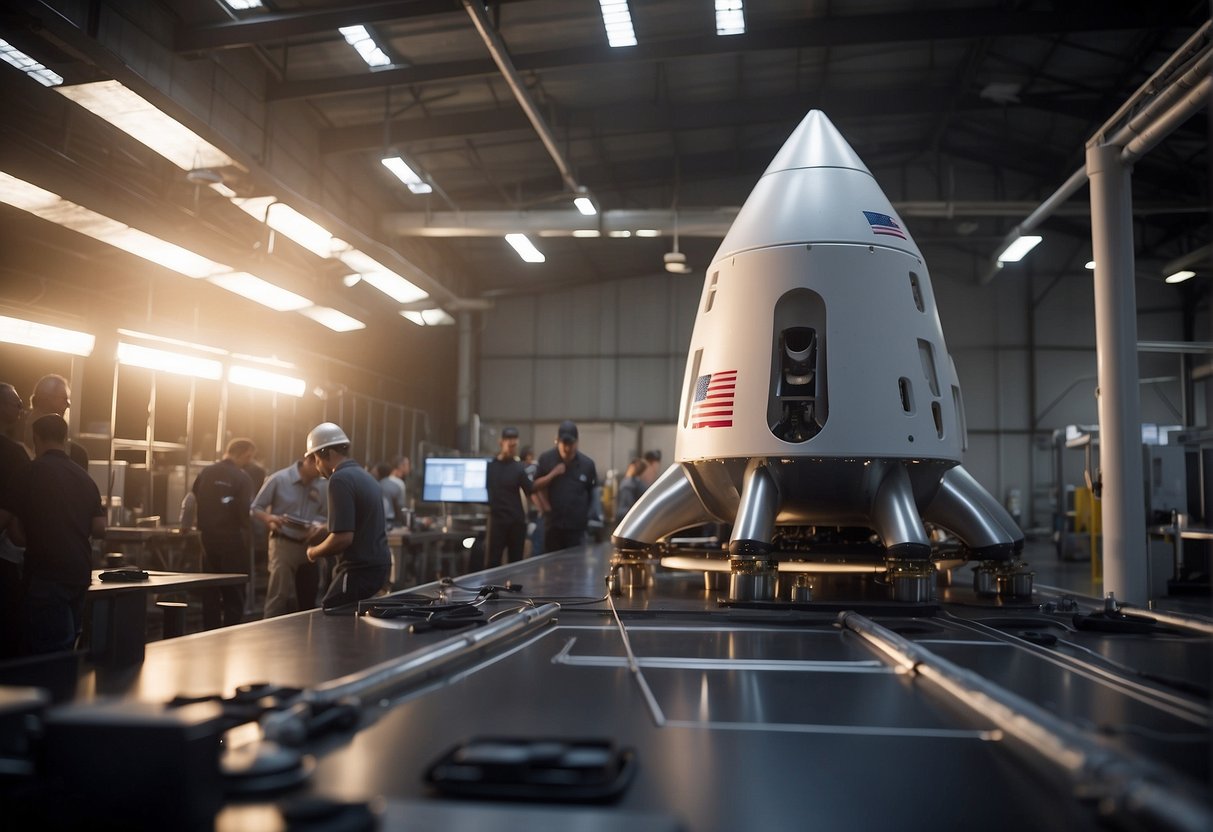 SpaceX's Supply Chain - A bustling network of tech and companies collaborate to build reusable rockets for SpaceX, with components moving seamlessly through the supply chain