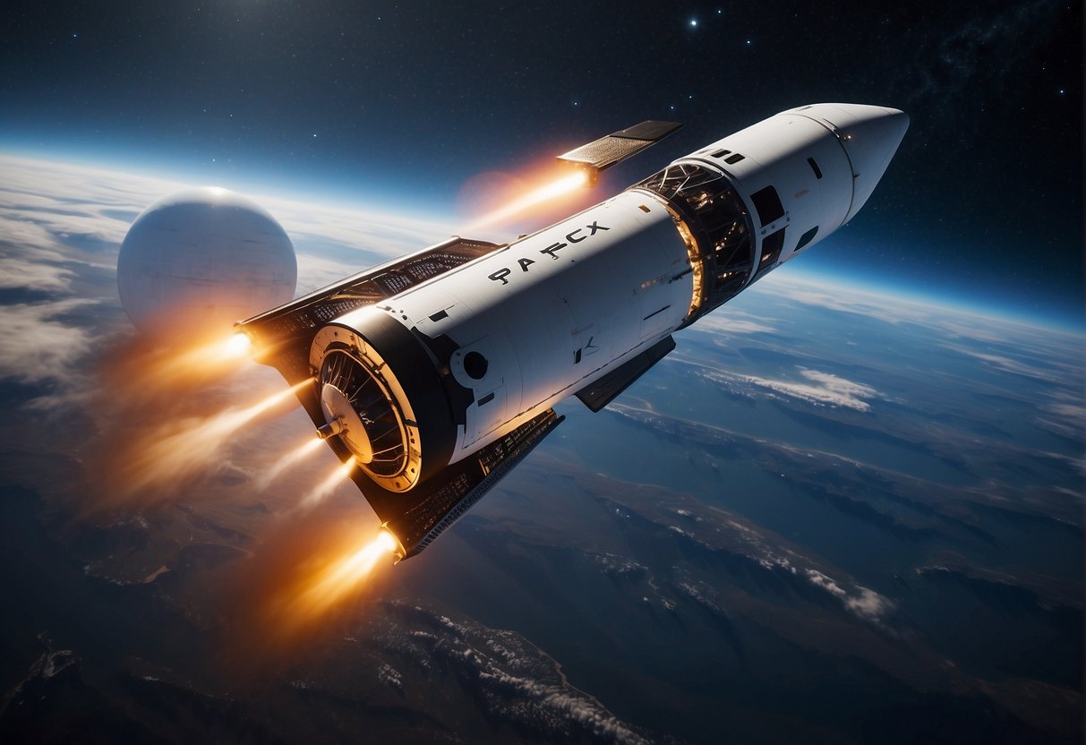 SpaceX's reusable rockets soar through a starry sky, with a network of high-tech companies and cutting-edge technology supporting their supply chain