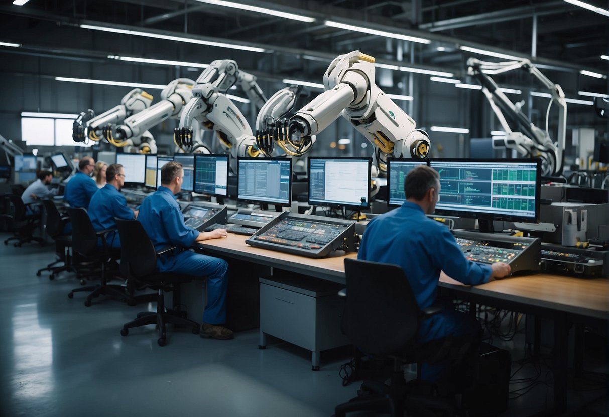 A bustling factory floor with robotic arms assembling rocket components, while technicians monitor screens displaying supply chain data. Trucks load finished parts for transport