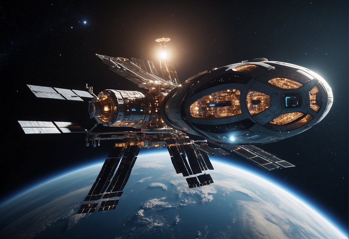 A futuristic space station floats in the vastness of space, surrounded by sleek, cutting-edge satellites and spacecraft. The station is adorned with advanced microchip technology, showcasing the firms leading the charge in designing tech for the final frontier