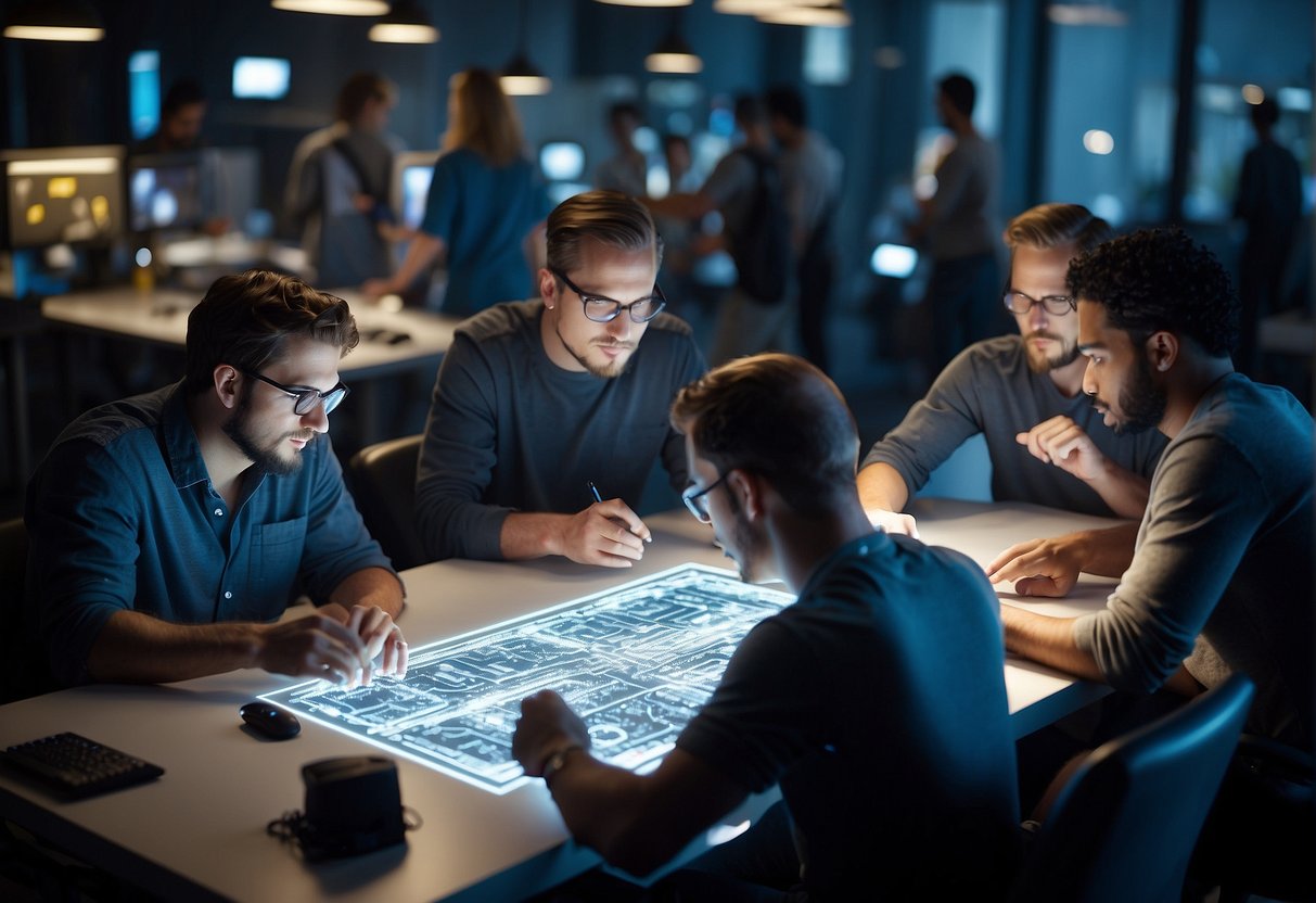 A group of tech designers huddle around a table, sketching out plans for futuristic microchips. Computer screens display intricate circuit designs. The room is filled with excitement and creativity as they work on technology for space exploration