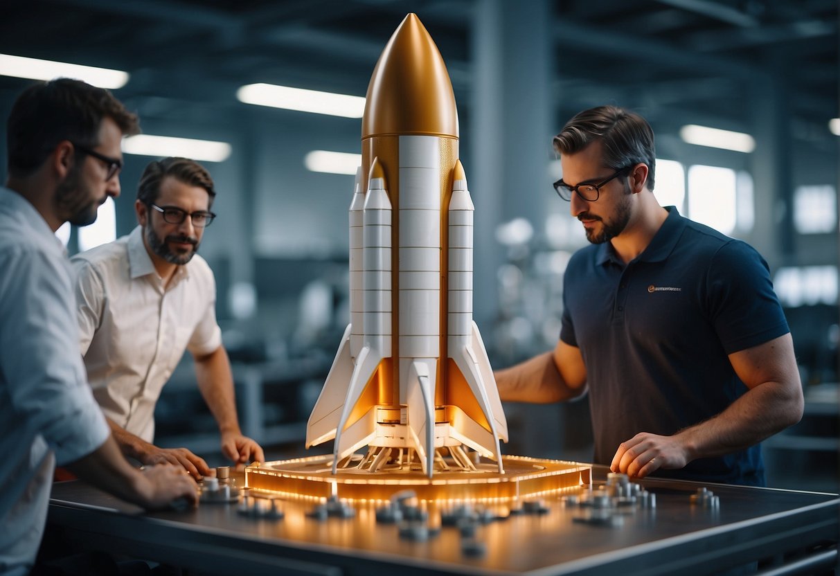 A rocket being constructed with 3D printed parts, with engineers overseeing the process in a high-tech manufacturing facility