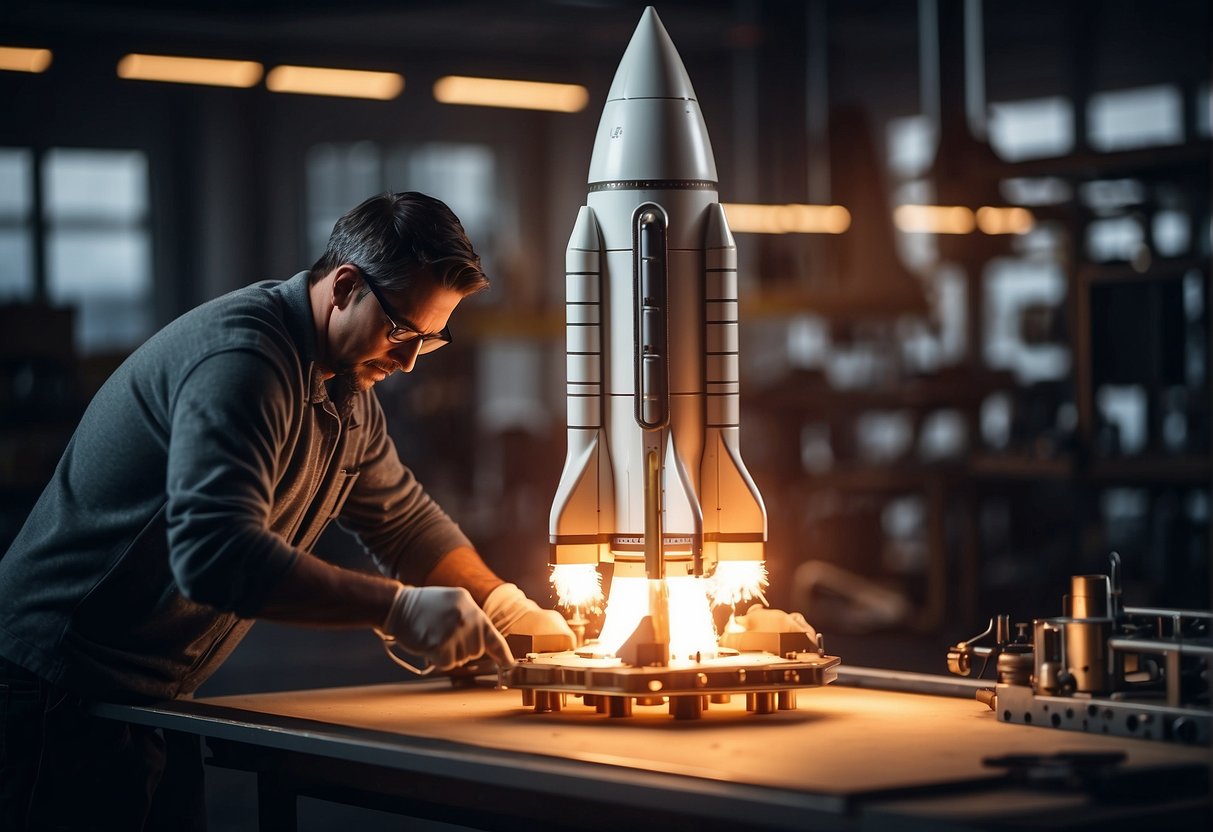 A rocket being constructed with 3D printing technology, showcasing intricate details and precision in manufacturing