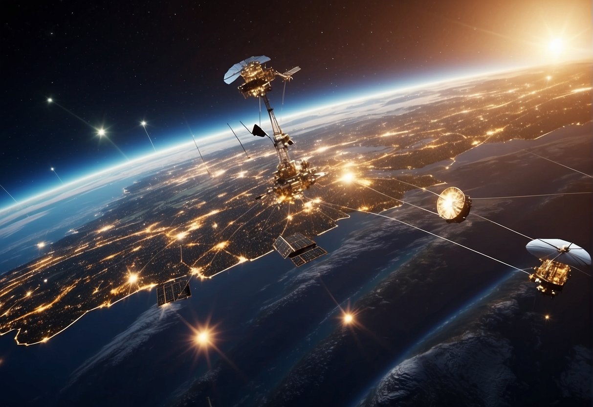 Satellites orbiting Earth, transmitting data and signals. Ground stations receiving and relaying information. Companies developing cutting-edge technology for global communication