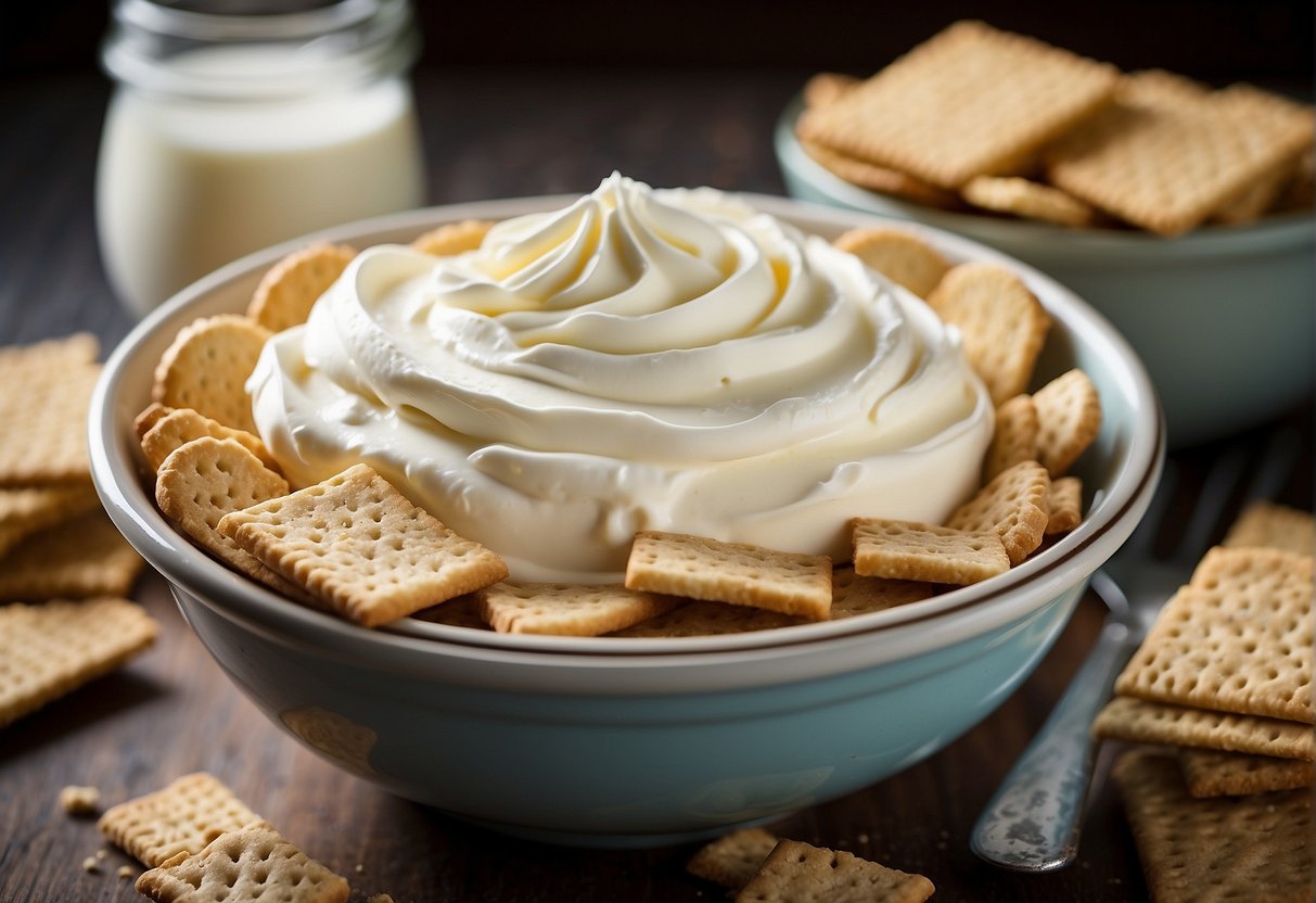 A mixing bowl filled with cream cheese, sugar, vanilla, and whipped cream. A graham cracker crust ready to be filled