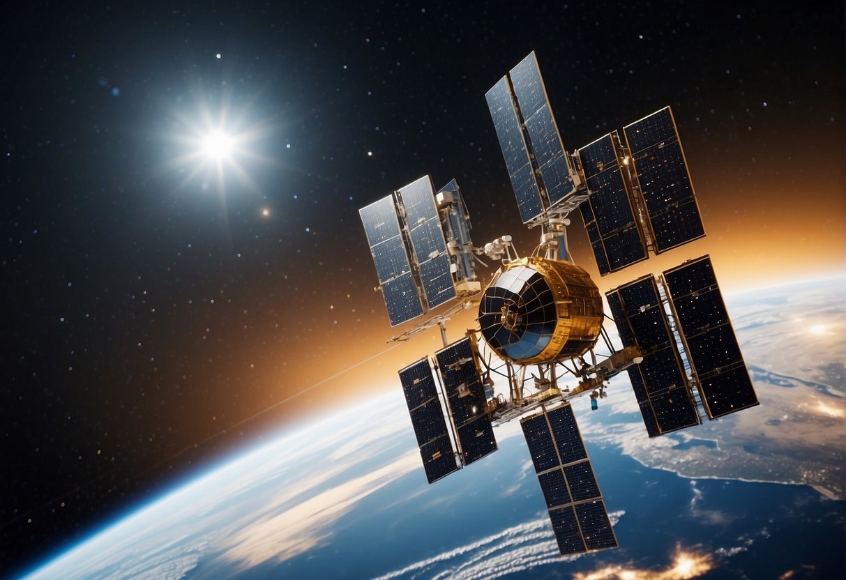 Satellites orbiting Earth, transmitting data across vast distances. Companies strategizing to overcome technical and regulatory challenges for seamless communication