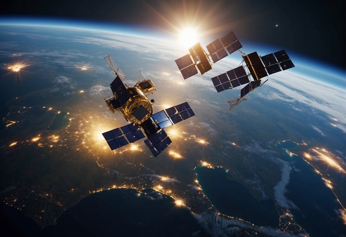 Satellites orbiting Earth, transmitting data and signals. Companies working on advanced technology, shaping the future of satellite communications