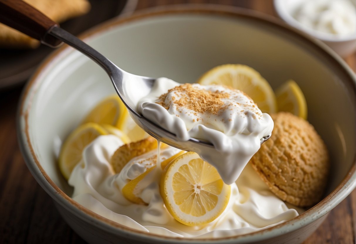Mixing cream cheese, sugar, vanilla, and lemon juice in a bowl. Folding in whipped cream. Pouring filling into a graham cracker crust. Refrigerating until set