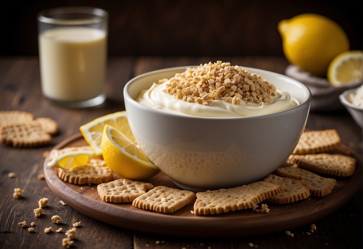A mixing bowl with cream cheese, condensed milk, vanilla extract, lemon juice, and graham cracker crumbs
