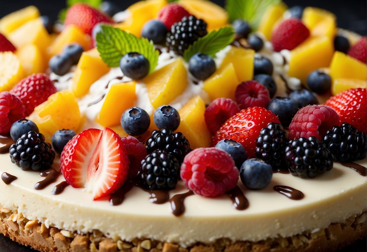 A colorful array of fresh fruit, nuts, and chocolate drizzle adorns a creamy no-bake cheesecake atop a graham cracker crust