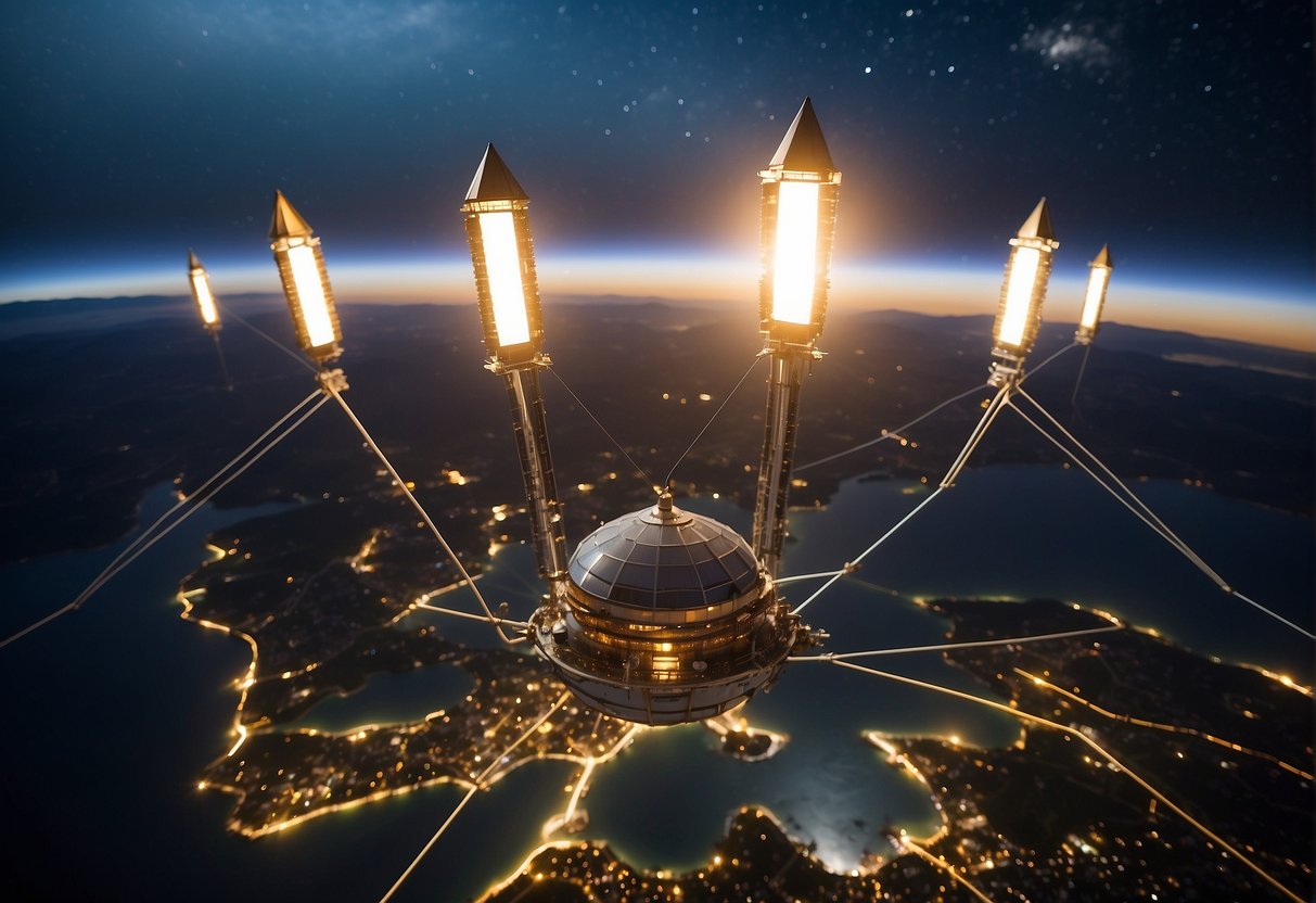 Multiple CubeSats orbiting Earth, with educational and research institutions visible below. Rockets launching CubeSats into space, symbolizing the revolution in small satellite technology